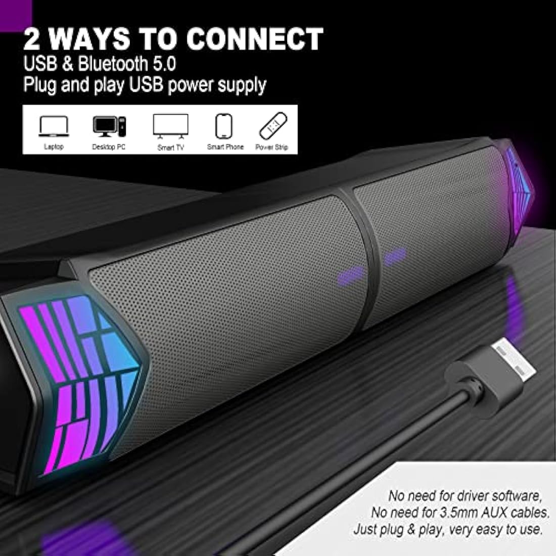 Smalody PC Speaker, 2 in 1 Detachable Computer Speaker Stereo Bluetooth Speakers Dynamic Cool RGB LED Design Compatible with Desktop/Laptop/Smartphone/Projector