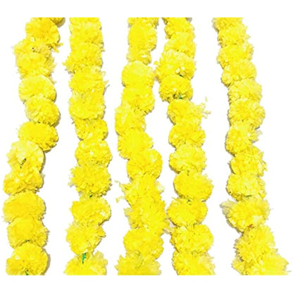 5 PC - 5 feet Artificial Marigold Garland Indian/American Wedding Party, Faux Garlands Wedding Garland, Diwali Decoration, Mantle Decoration, Diwali, Spring Bush Floral! (Yellow)