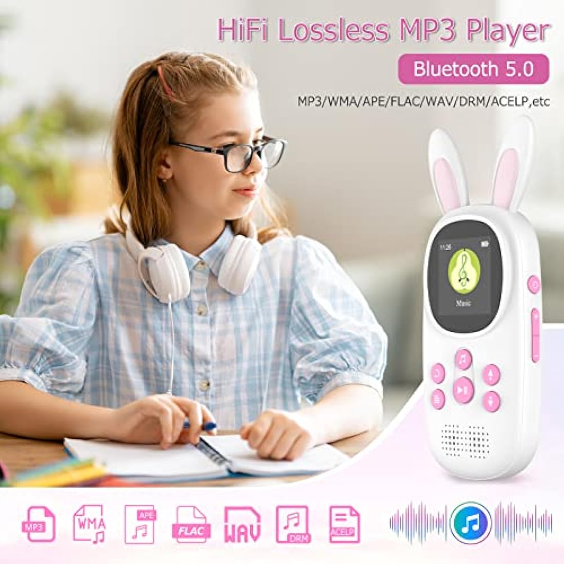 Cute Bunny Kids Music MP3 Player with Bluetooth, MP4 Player with Speaker, FM Radio, Alarm, Pedometer, Stopwatch, Supports up to 128GB