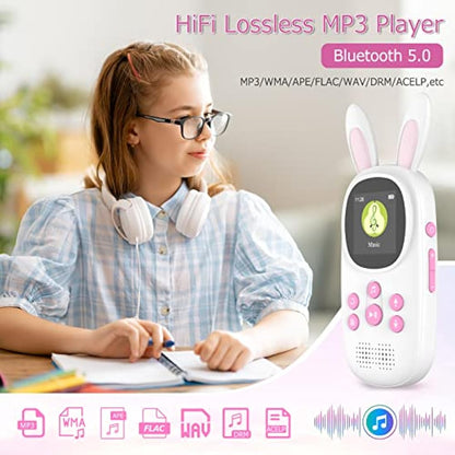 Cute Bunny Kids Music MP3 Player with Bluetooth, MP4 Player with Speaker, FM Radio, Alarm, Pedometer, Stopwatch, Supports up to 128GB