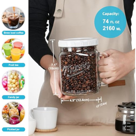 Absovetu 2 Pack Large Glass Jars with Lids 2160 ml/74oz - Wide Mouth Mason Jars with Handle Glas Storage Jars with Lids Airtight for Juice Milk Water Pickle Hot Chocolate Coffee