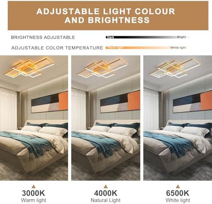 JIINOO Dimmable LED Ceiling Light, 110cm Flush Mounted Ceiling Light with Remote Control, 70W Square Acrylic Modern Simple Design Fixture for Bedroom Living Room, Gold