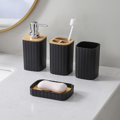 Hosoncovy Bathroom Accessory Set of 4 with Soap Pump Dispenser, Toothbrush Cup, Soap Dish ，Toothbrush and Toothpaste Holder (Black B)