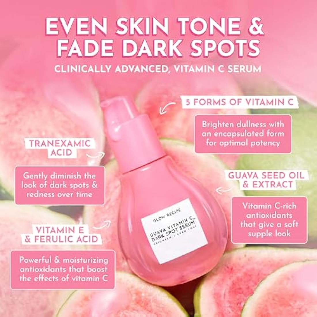 Glow Recipe Guava Vitamin C Serum for Sensitive Skin - Moisturizing, Brightening & Vegan Korean Skin Care Face Serum for Dark Spots, Even Tone & Redness - Tranexamic, Ferulic Acid & Vitamin E (30ml)