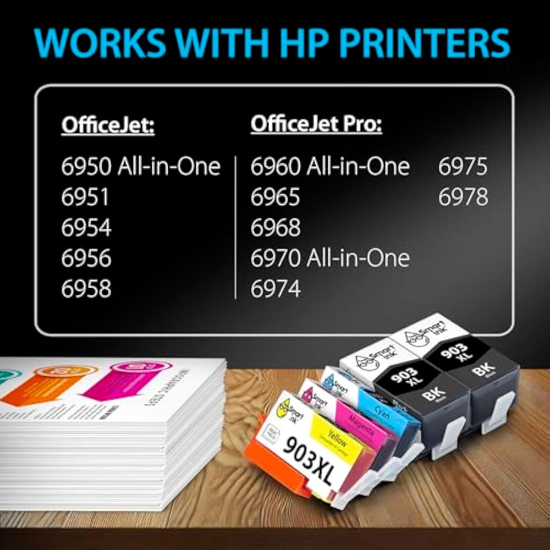 Smart Ink Compatible Ink Cartridge Replacement for HP 903 903XL High Yield 5 Multipack (2 Black XL & C/M/Y) with Advanced Chip Technology to use with Officejet 6950 Officejet Pro 6960 6970 All-in-one
