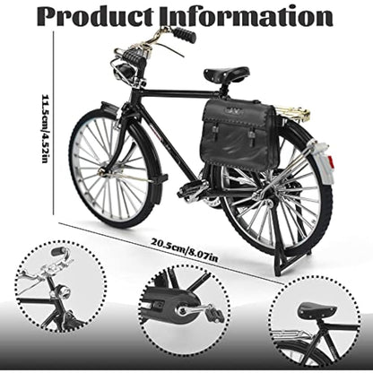 1PCS Retro Bicycle Model Ornament for Kids, 51 Pcs Simulation Mini Bike Model Scale Kit with Inflator & Briefcase, 1:10 Creative Iron Art Tabletop Ornament Toys for Gifts Home Office Decor (BLACK)