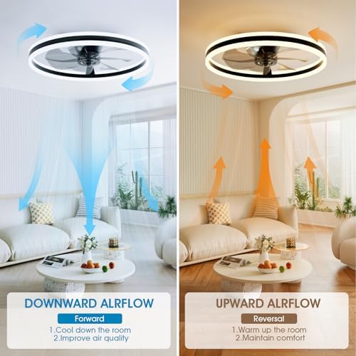 NIORSUN Ceiling Fans with Lights and Remote, 60cm Modern Smart LED Ceiling Fan Light, 6 Speeds and 3000K-6500K Dimmable Quiet Fan Lights Ceiling for Bedroom Living Room Dining Room (Black)