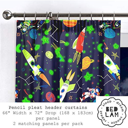 Bedlam - Supersonic - Glow In The Dark Lined Pencil Pleat Curtains - 66" Width x 72" Drop (168 x 183cm), Blue