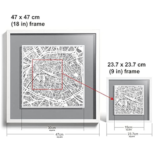 O3 DESIGN STUDIO Paris Paper Cut Map framed, White map, White frame, 9x9 inches, Gift Boxed, 4 background color, self-changing, Paper Art