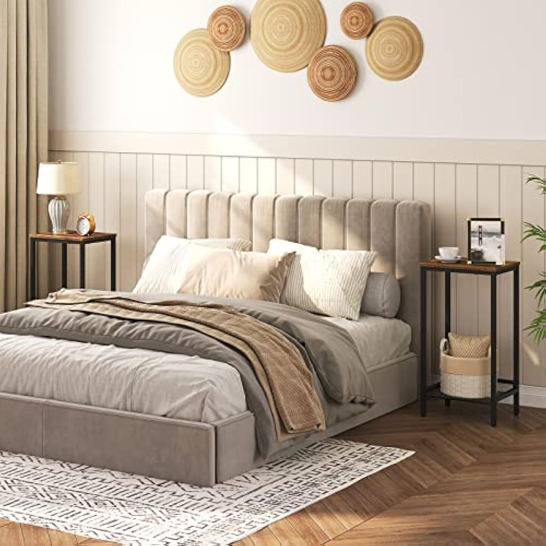 HOOBRO Tall Side Table, Industrial Telephone Table, Narrow Bedside Table with Adjustable Mesh Shelf, 2-Tier Small Coffee Table for Hallway, Living Room, Nightstand, Rustic Brown and Black EBF03DH01