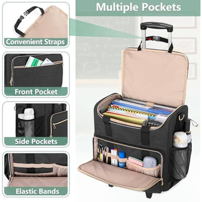 Luxja Rolling Teacher Bag with Laptop Compartment and Detachable Dolly, Multifunctional Rolling Teacher Tote Bag (Bag Only), Black