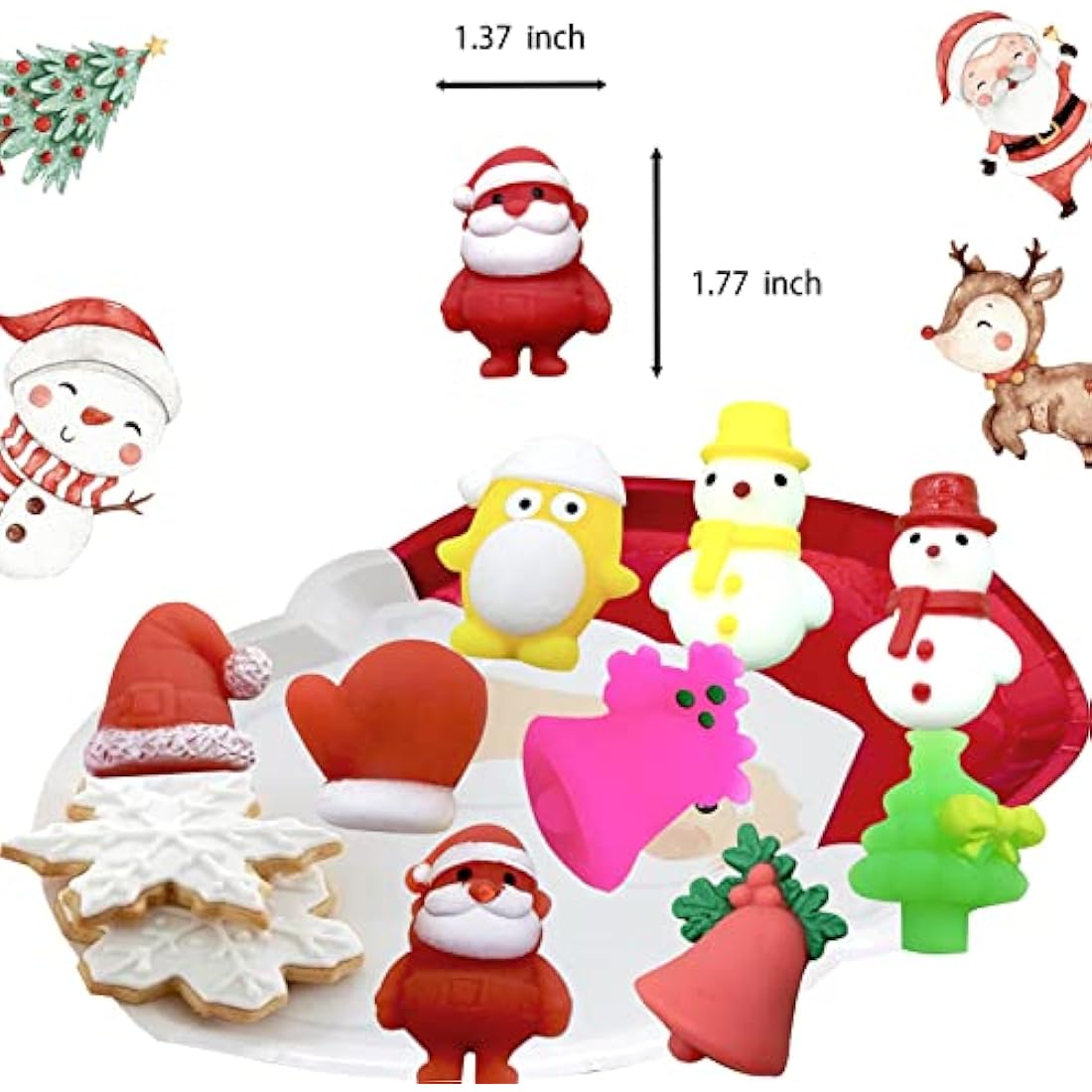 Christmas Mochi Squishy Toys,30 Pack Mini Kawaii Stress Squeeze Toy Moji Toys Christmas Squishies Mochies Fidget Toys for Xmas Party Bag Fillers Kids Girls Boys Birthday Gift,Christmas Stocking Filler