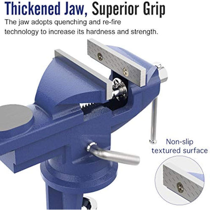 Housolution Universal Table Vice 3 Inch, 360° Swivel Base Bench Clamp Home Repair Tool - Portable Work Bench for Woodworking, Cutting Conduit, Drilling, Metalworking - Blue