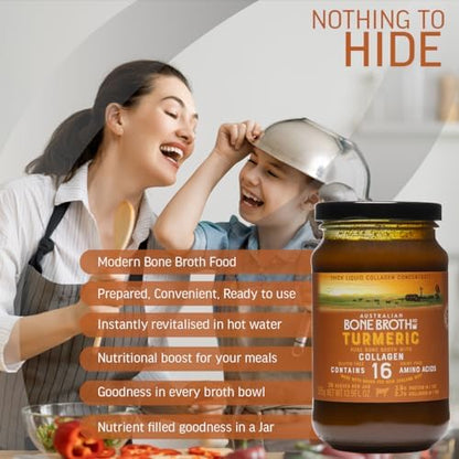 ABBCo Turmeric Beef Bone Broth Concentrate with Ginger, Black Pepper – Healthy Digestive Beverage Boosting Bone and Joint Health - Halal Collagen Protein Enriched