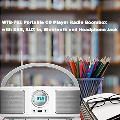 WISCENT Portable CD Player with Bluetooth Boombox, FM Radio Stereo Sound, USB, 3.5mm AUX Port & Headphone Jack, Mains or Battery