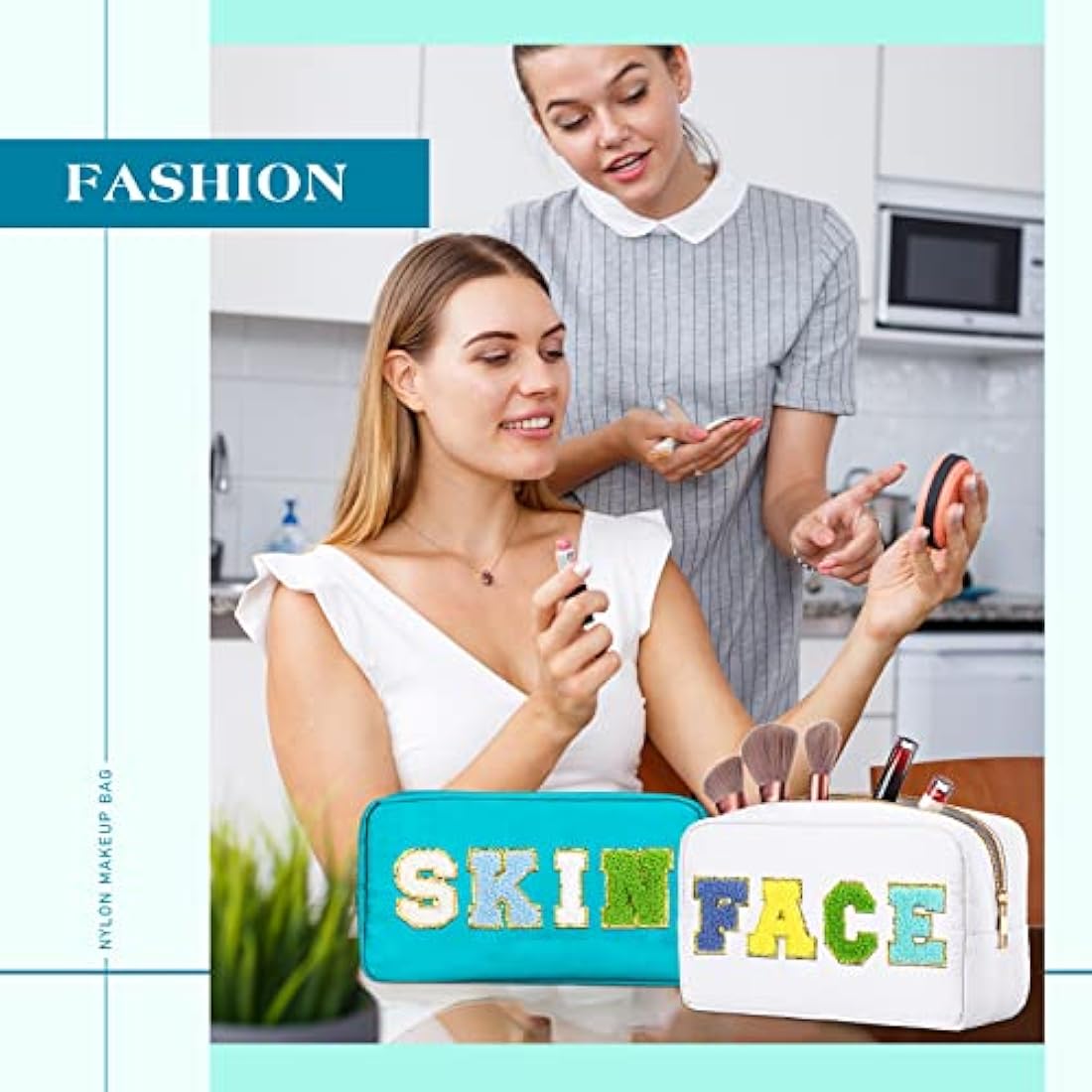 4 Pcs Preppy Makeup Bag Chenille Letter Nylon Cosmetic Bag Makeup Organizer Bag Toiletry Cosmetic Case Preppy Bag with Zipper Stuff Bag Cosmetic Pouch Makeup Pouch for Women Teen Girl, Bright Colors