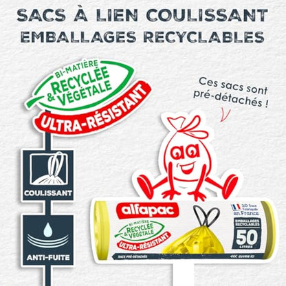 Alfapac - Bin Liners with Drawstring - Heavy Duty - Recyclable Packaging Sorting (excluding Glass) - 76% Recycled and 15% Vegetable - Made in France - 10 x 50L, Green