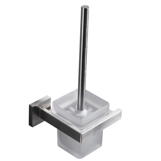 Wall Mounted Toilet Brush and Holder, Brushed Nickel, SUS 304 Stainless Steel + Frosted Glass