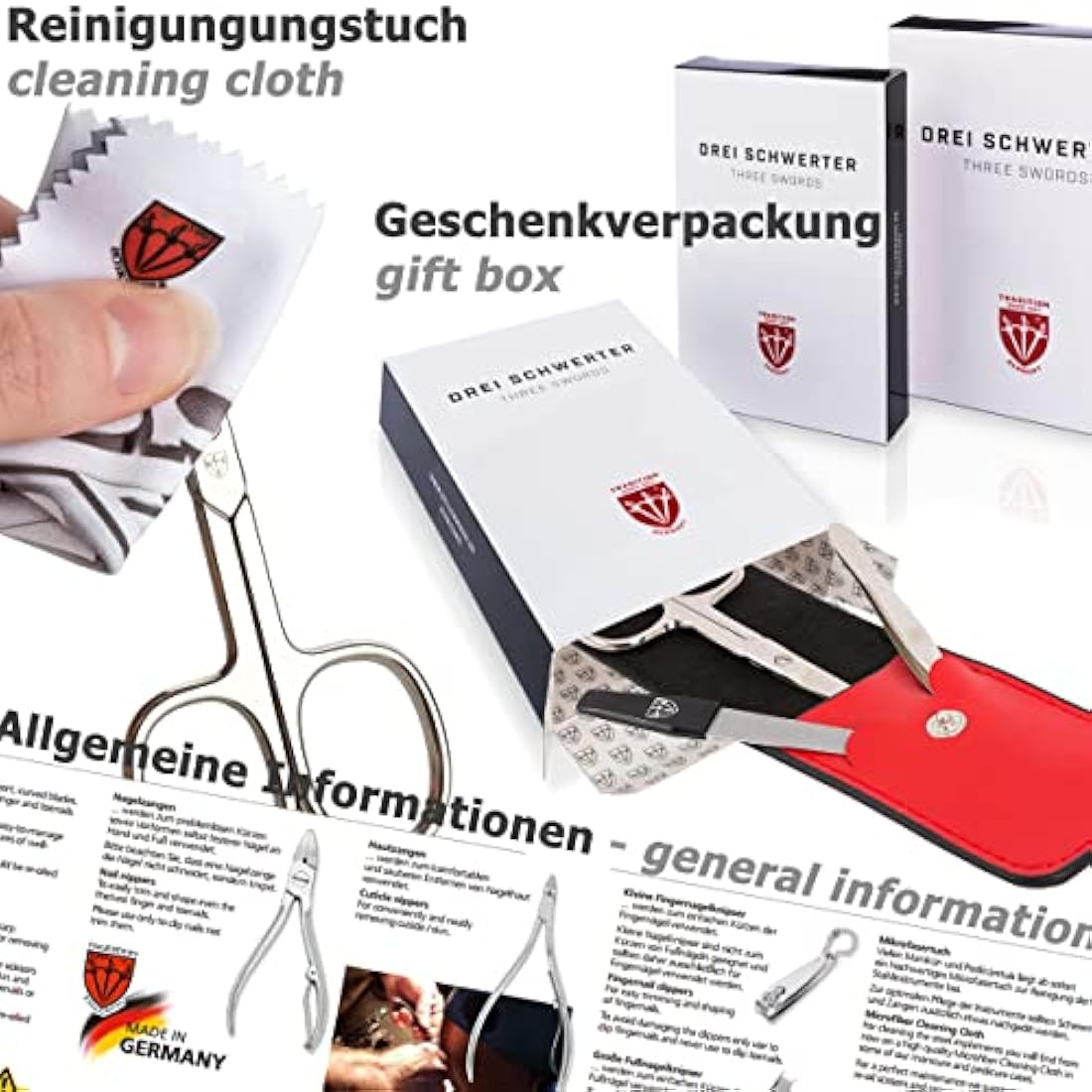 3 Swords Germany - brand quality 10 piece manicure pedicure grooming kit set for professional finger & toe nail care scissors clipper fashion leather case in gift box, Made by 3 Swords (000415)