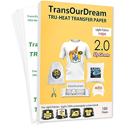 TransOurDream Tru-Transfer Paper - 100 Sheets A4 Inkjet Heat Transfer Paper Iron On Transfer Paper 2.0 for White and Light T Shirts Fabrics NO Mirror Print,Easy to Use (TRANS-2-100)
