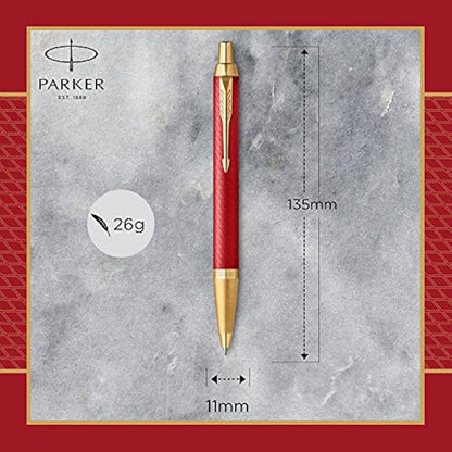 Parker IM Ballpoint Pen | Premium Red Lacquer with Gold Trim | Medium Point with Blue Ink Refill | Gift Box