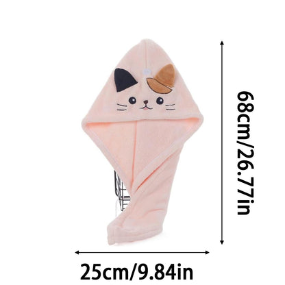 hankousi 1Pcs Microfibre Hair Turban, Quick Dry Adjustable Button and Elastic Strap Drying Towel with Cute Cat Design Pink Coral Fleece Wrap for