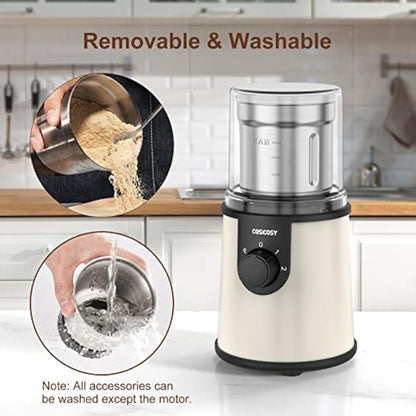 COSICOSY Electric Spice Grinder with 304 Stainless Steel Blades, Removable Bowls, 350W Motor Coffee Bean Machine with Spoon Brush for Beans, Nuts, Pepper, Beige