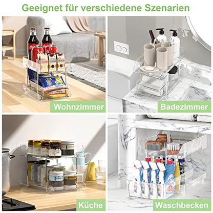 Polegas Multifunctional Acrylic Kitchen Organiser Set - Base Cabinet & Refrigerator Organiser With Sliding Drawer, Under Sink & Spice Rack Organiser