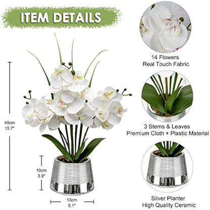 Oairse 40cm Artificial Orchid Flowers White Artificial Flower in Silver Ceramic Pots Real Touch Silk Phalaenopsis with 14 Flowers Fake Orchids Plant for Home Kitchen Bathroom Table Centerpiece Decor