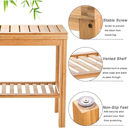 SOUJOY Bamboo Shower Bench, Bath Seat Stool, Spa Foot Rest Shaving Stool, Storage Shelf for Shampoo Towel, Works in Inside Bathroom, Living Room, Bedroom, Garden Leisure