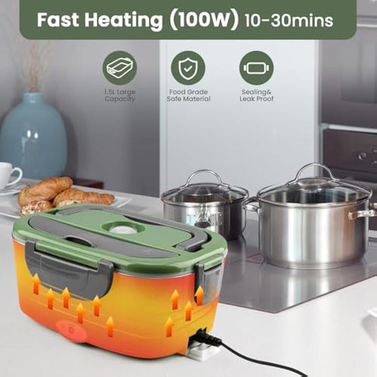 BYbrutek Electric Lunch Box 100W, 1.5L Removable Stainless Steel, 3-in-1 Portable Heated Lunch Box, 12V/24V/220V Insulated Heat Box for Car/Truck/Office/Home (Green, 1.5L)