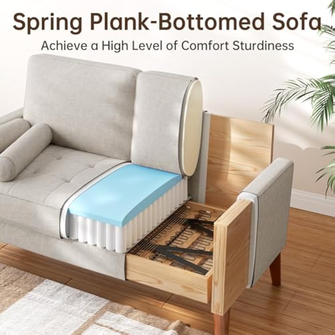 Vesgantti Linen Sofa With Spring Cushion - Small 2 Seater for Living Room, Bedroom, Office - Comfy Couch With Armrests - Modern Love Seat in Ashbeige