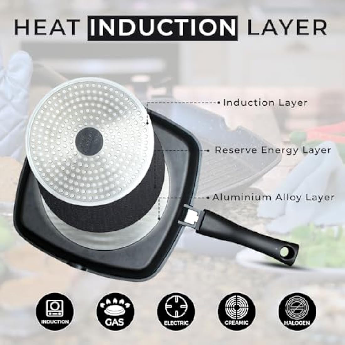 Chef Wonderful Non-Stick Griddle Pan for Induction Hob. Aluminium Steak Pan (28cm) Non-Stick Marble Coating & Detachable Handle. Induction Grill for All Hobs. Suitable for Gas & Oven Grilling.