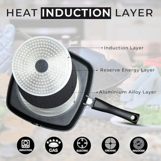 Chef Wonderful Non-Stick (28cm) Griddle Pan for Induction Hob, Marble Coating & Detachable Handle. Aluminium Steak Pan for All Induction Hobs with Glove & Cloth. Suitable for Gas & Oven Grilling