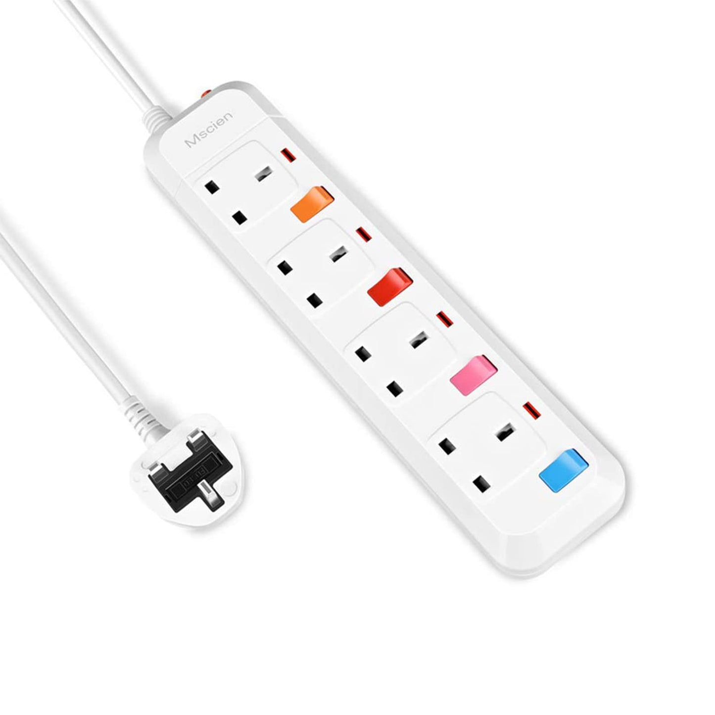 Mscien 3M Extension Lead With Independent Switch 4 Way Extension Lead UK Wall Mount Power Strip With 3 Meter Extension Cord 4 Gang Plug Extension