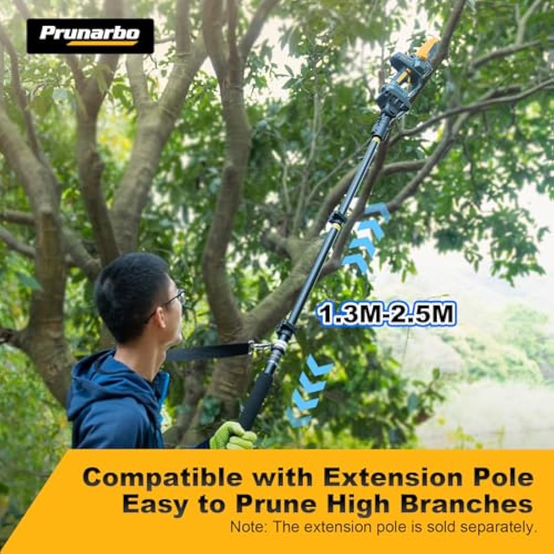 Prunarbo Extension Pole for Cordless Pruner PR-E40 E50 Electric Pruning Shears and PR-E8 Chainsaw, Extendable Aluminum Telescopic Pole with 3 Nodes Adjustment 4.2-8.2 ft Extension (PR-001-Pole)