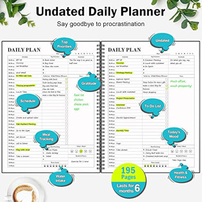 Planner Undated, Asten Daily Planner Agenda with To Do List, Hourly Schedules for Women and Men, Spiral Appointment Book with Elastic Closure, Inner Pocket 21.6 x 28cm (Black)
