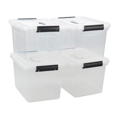 Ikando 4 Packs 13 Litre Plastic Storage Box with Lid and Handle, Clear