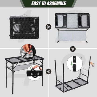 REDCAMP 2.8ft Folding Camping Table for Outside, Lightweight Aluminum Portable Folding Table for Cooking BBQ, Metal Grill BBQ Table Easy to Assemble with Adjustable Heights Legs,Black 87cm x 40cm