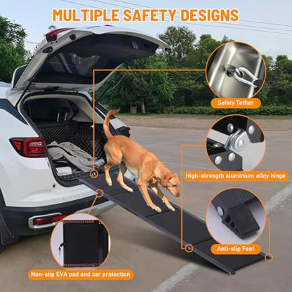 FASNATI Dog Car Ramp, Folding Dog Ramp for Car with Non-Slip Surface, Lightweight Aluminum Frame, Portable Pet Ramp for Medium, Large, and Older Dogs to Get into Cars and SUVs
