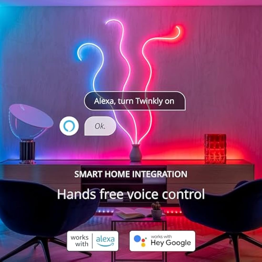 Twinkly Flex 3m, LED Tube Multicolor, RGB LED Strip Flexible, Compatible with Alexa and Google Home, Gaming Lights, 16 M+ Colors, USB C Power, App Control, White Wire