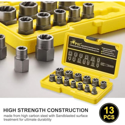 13+1 Piece Impact Bolt & Nut Remover Set - 3/8" Drive with Nut Extractor Socket, Hex Adapter, and Bolt Remover Tool for Damaged, Rusted, or Rounded-Off Bolts, Nuts, and Screws