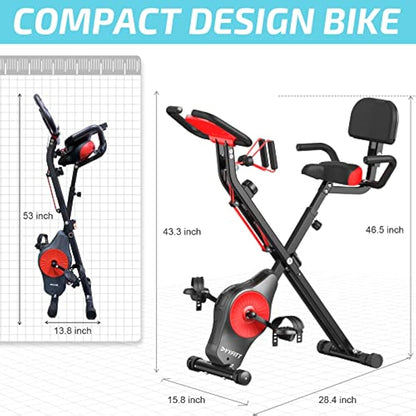 YYFITT Foldable Fitness Exercise Bike with Resistance Bands, 16 Magnetic Resistance Levels with Pulse Sensor, Phone/Tablet Holder with Smooth and Quiet Cycling