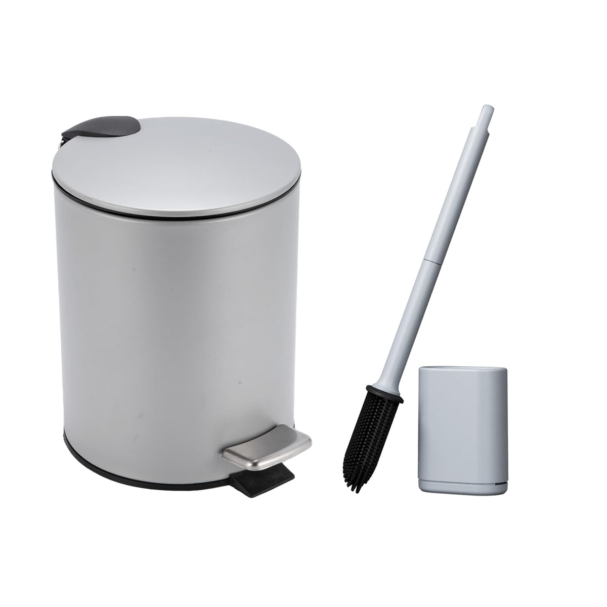Bathroom Bin with Loo Brush Set, 3L Slim Round Stainless Steel, Grey