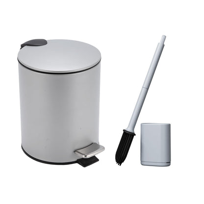Bathroom Bin with Loo Brush Set, 3L Slim Round Stainless Steel, Grey