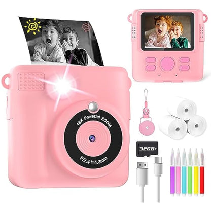 YORKOO Kids Instant Camera with Photo Paper, 1080P HD Digital Camera for Girls, Creative Gift for Children Age 4-10, Video Recorder, 32GB SD Card - Pink