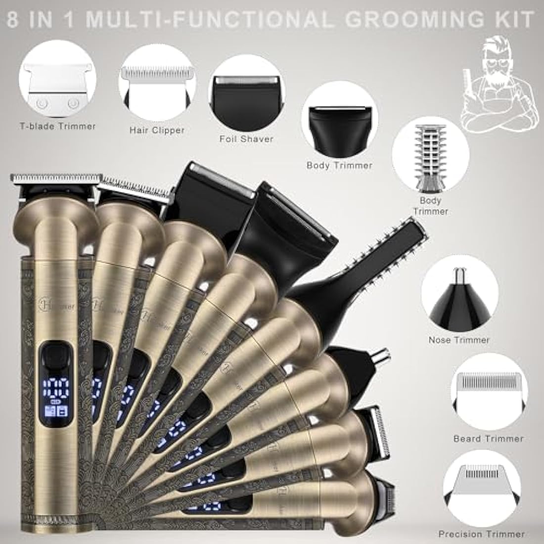 Hatteker Beard Trimmer Kit Professional Hair Clipper Zero Gapped T-Blade Electric Razor Shaver for Nose Ear Body Face Mustache Trimmer for Men Cordless Grooming Kit Waterproof 8 in 1