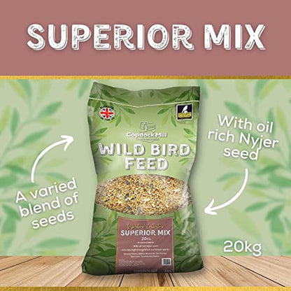Copdock Mill Wild Bird Seed Superior Mix 20kg - All Year-Round Bird Seeds for Small Garden Birds - 100% Natural Nutritional Feed with Black Sunflower and Nyjer Seeds