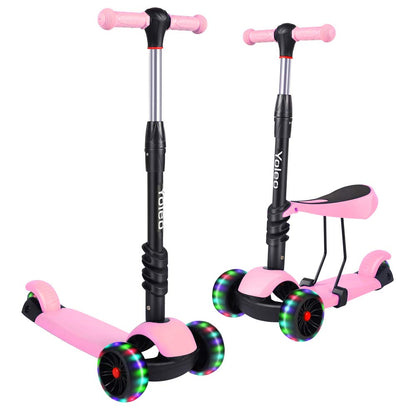 YOLEO Kids Three Wheel Kick Scooter with Removable Seat, LED Flashing Wheels, Height Adjustable, 3-in-1 Lightweight Children's Scooter Boys and Girls