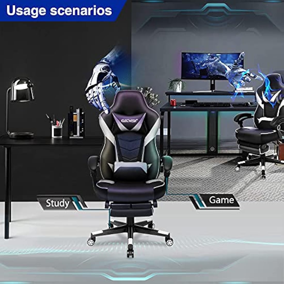 Fullwatt Computer Gaming Chair with Footrest and Adjustable Arms Reclining Swivel Chair, Desk Chair High Back with PU Leather for Home Office, white